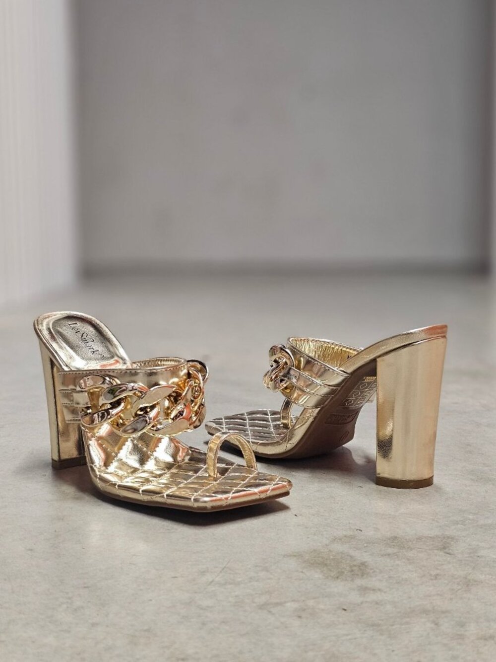 Gold Block Heel Chain Quilted Open Toe Mules For Women By Lovmark